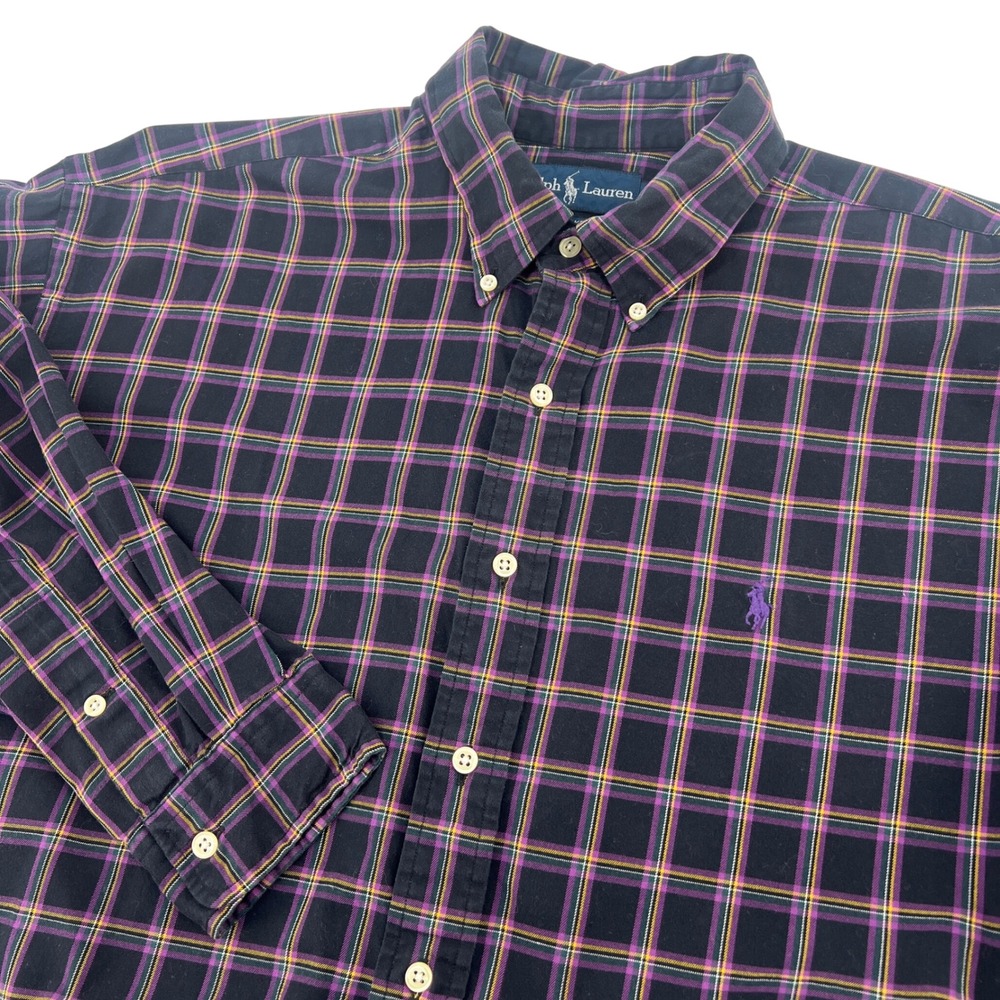 Ralph Lauren Blake Mens XL Navy Blue Purple Plaid 100% Cotton Button Down Shirt